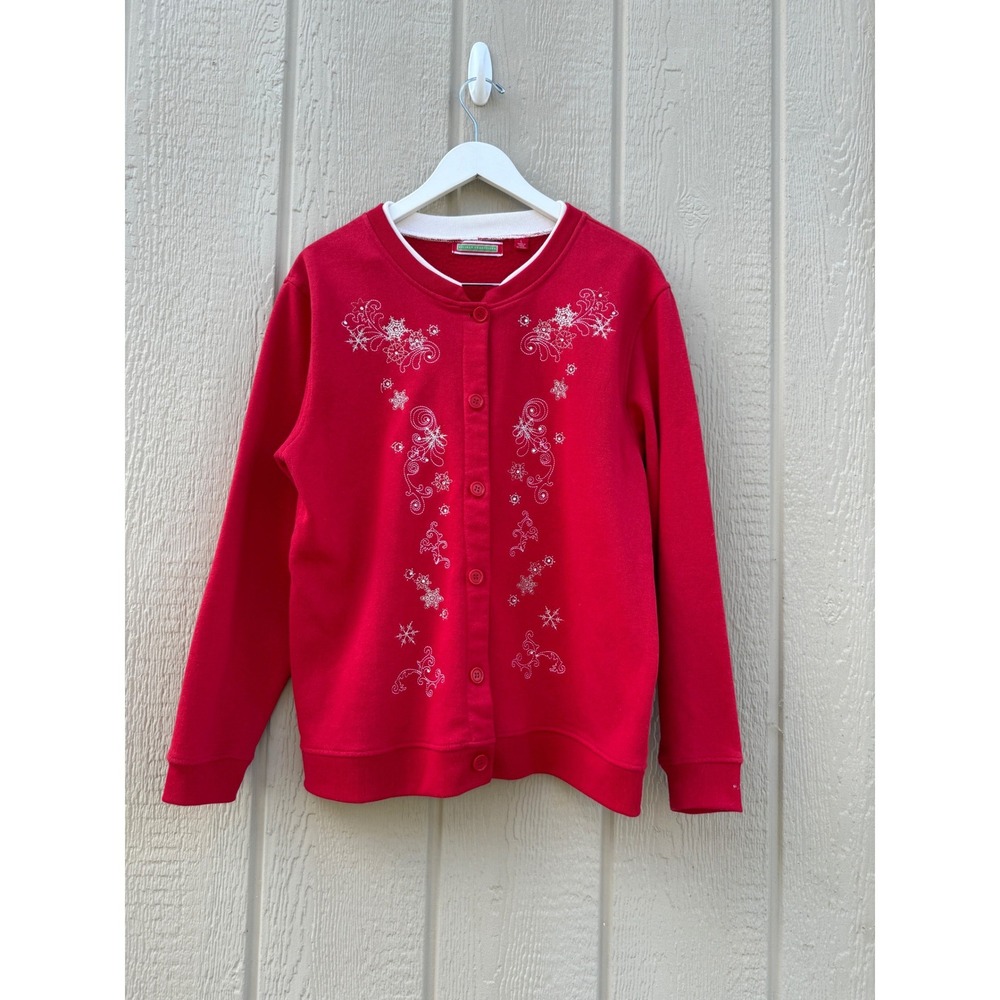 Holiday Traditions Large Cardigan Red Cotton Blend Snowflake Rhinestone